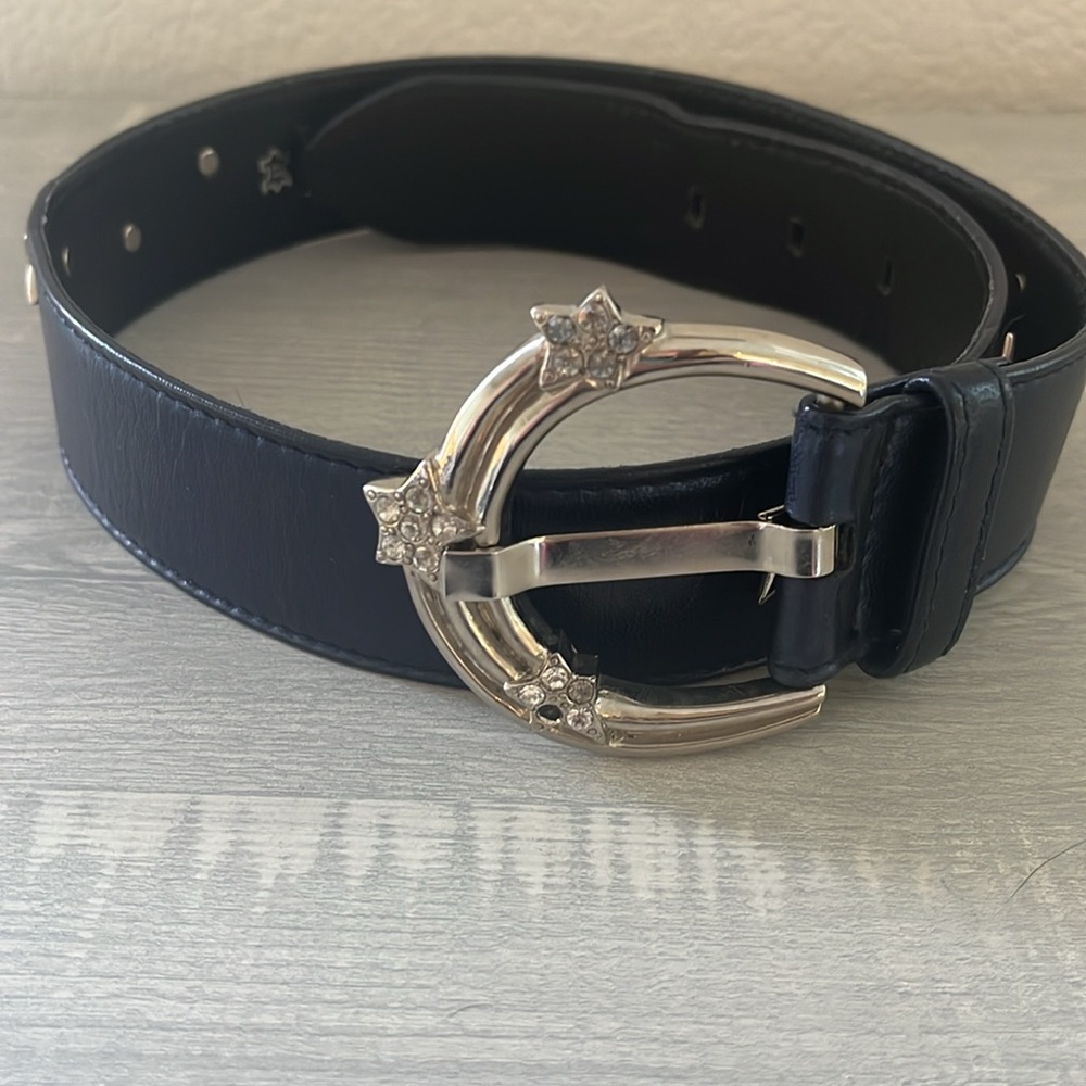 Escada Couture Vintage Navy Leather Belt with Silver Buckle